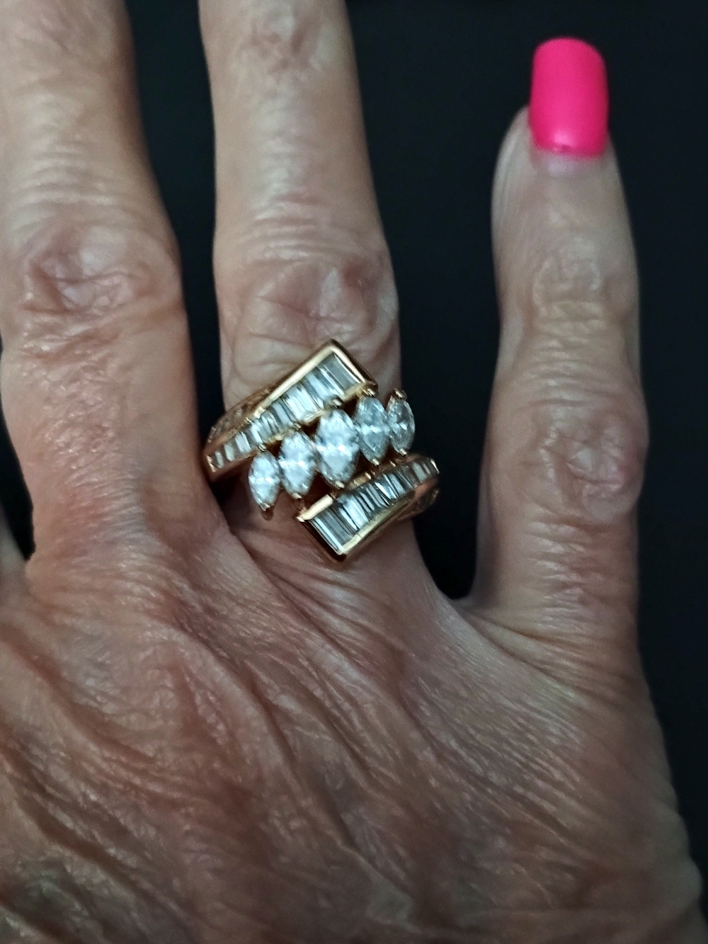 Vintage Gold Marquise & Baguette Crystal Statement Ring - 925 Cz Size 6 3/4